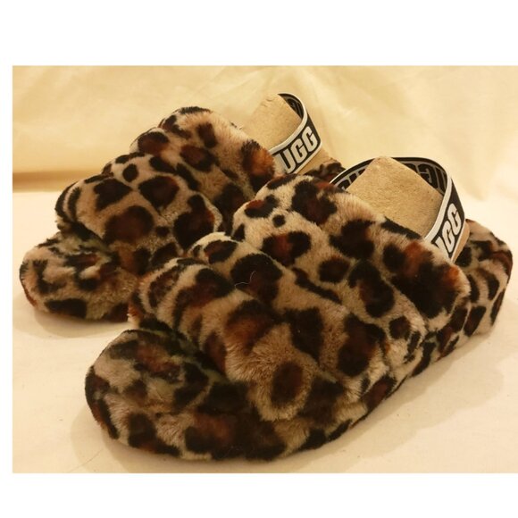 UGG Fluff Yeah Leopard Sling Back Slippers Lamb Fur Throughout Size-8 - Picture 5 of 9